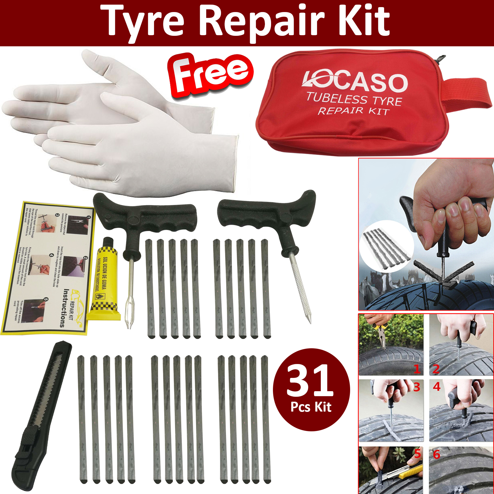 Emergency Car Van Motorcycle Tubeless Tyre Tire Puncture Repair Kit